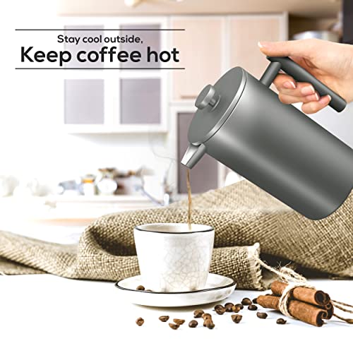 KICHLY - Stainless Steel French Press Coffee Maker 34oz (1.0 Litre) with 3 Level Filtration System - Double Walled Insulated Cafetière with 1 Extra Filter (Grey)