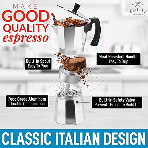 Zulay Classic Italian Style 8 Espresso Cup Moka Pot, Classic Stovetop Espresso Maker for Great Flavored Strong Espresso, Makes Delicious Coffee, Easy to Operate & Quick Cleanup Pot (Silver)