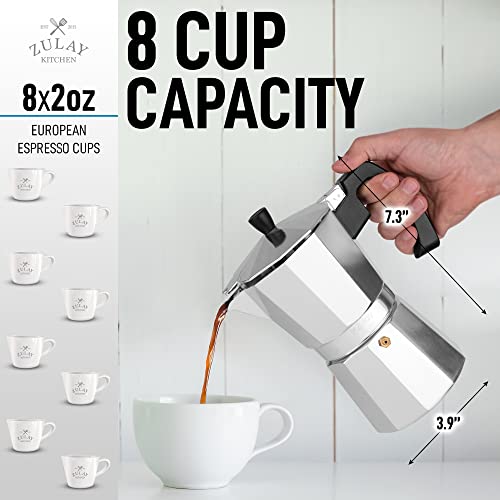 Zulay Classic Italian Style 8 Espresso Cup Moka Pot, Classic Stovetop Espresso Maker for Great Flavored Strong Espresso, Makes Delicious Coffee, Easy to Operate & Quick Cleanup Pot (Silver)