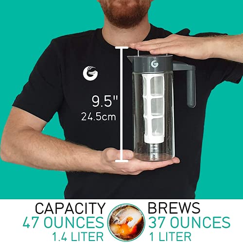 Coffee Gator Cold Brew Coffee Maker - BPA-Free Filter and Glass Carafe - Brewing Kit with Stainless Steel Measuring Scoop and Collapsible Loading Funnel - Black - 1.4 Litre