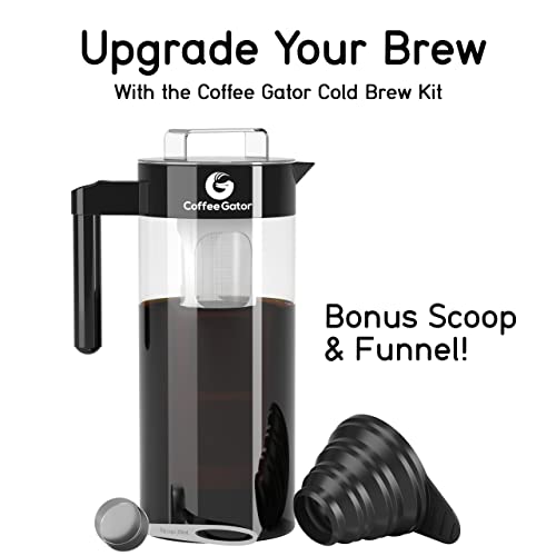 Coffee Gator Cold Brew Coffee Maker - BPA-Free Filter and Glass Carafe - Brewing Kit with Stainless Steel Measuring Scoop and Collapsible Loading Funnel - Black - 1.4 Litre