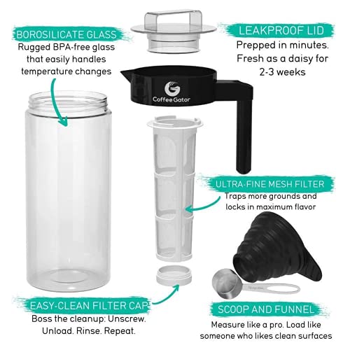 Coffee Gator Cold Brew Coffee Maker - BPA-Free Filter and Glass Carafe - Brewing Kit with Stainless Steel Measuring Scoop and Collapsible Loading Funnel - Black - 1.4 Litre