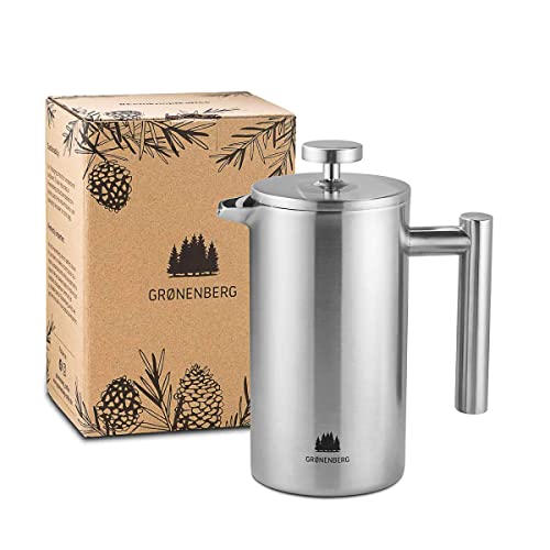 Groenenberg French Press Coffee Maker 0,6 Litre | 3 Cup Stainless Steel Coffee Press | Double-Walled Cafetière & incl. Extra Filter | Portable | for Home & Camping