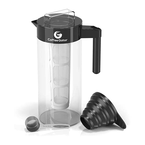 Coffee Gator Cold Brew Coffee Maker - BPA-Free Filter and Glass Carafe - Brewing Kit with Stainless Steel Measuring Scoop and Collapsible Loading Funnel - Black - 1.4 Litre