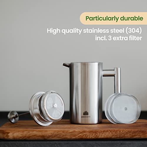 Groenenberg French Press Coffee Maker 0,6 Litre | 3 Cup Stainless Steel Coffee Press | Double-Walled Cafetière & incl. Extra Filter | Portable | for Home & Camping