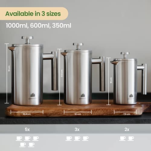 Groenenberg French Press Coffee Maker 0,6 Litre | 3 Cup Stainless Steel Coffee Press | Double-Walled Cafetière & incl. Extra Filter | Portable | for Home & Camping
