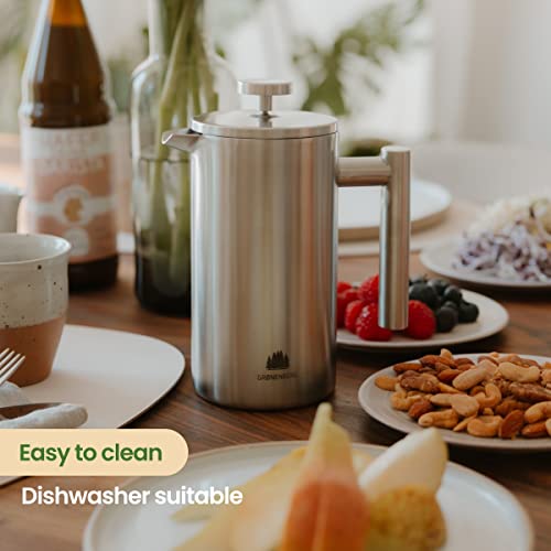 Groenenberg French Press Coffee Maker 0,6 Litre | 3 Cup Stainless Steel Coffee Press | Double-Walled Cafetière & incl. Extra Filter | Portable | for Home & Camping
