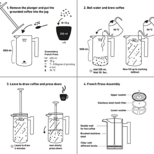 Groenenberg French Press Coffee Maker 0,6 Litre | 3 Cup Stainless Steel Coffee Press | Double-Walled Cafetière & incl. Extra Filter | Portable | for Home & Camping