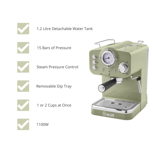 Swan Retro Pump Espresso Coffee Machine, Green, 15 Bars of Pressure, Milk Frother, 1.2L Tank, SK22110GN