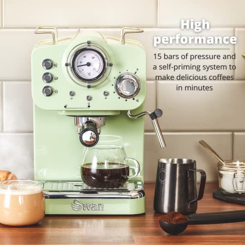 Swan Retro Pump Espresso Coffee Machine, Green, 15 Bars of Pressure, Milk Frother, 1.2L Tank, SK22110GN