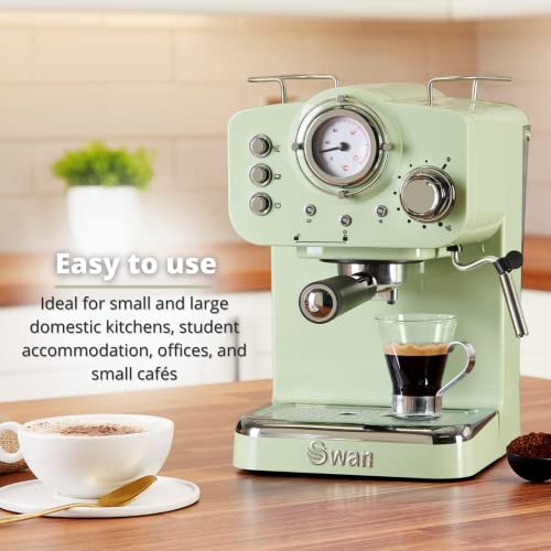 Swan Retro Pump Espresso Coffee Machine, Green, 15 Bars of Pressure, Milk Frother, 1.2L Tank, SK22110GN