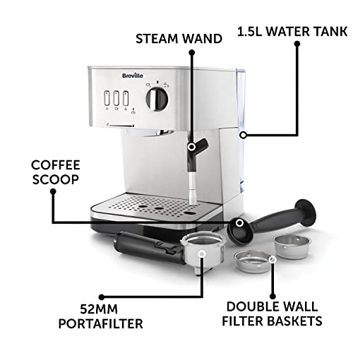 Breville Bijou Espresso Machine | Automatic and Manual Espresso, Cappuccino & Latte Maker | 15 Bar Pump | Steam Wand | Silver [VCF149]