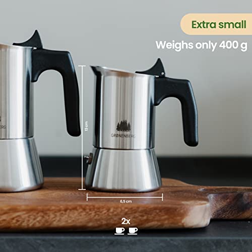 Groenenberg Espresso Maker 2 Cup | Moka Pot | Stovetop Coffee Maker 100 ml | Stainless Steel Italian Coffee Maker incl. Extra sealings & Manual