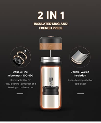 RECAFIMIL Portable French Press Coffee Maker Travel French Coffee Maker Stainless Steel Coffee Mug 12 oz Great for Camping and Traveling