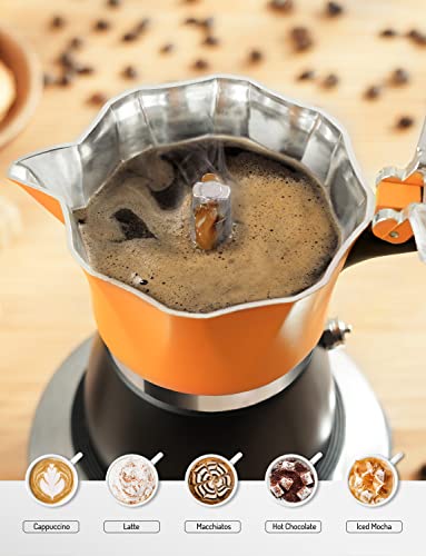 TWOMEOW Stovetop Coffee Maker Espresso Italian Moka Pot with Transparent Top Lid, 150ml-3 Espresso Cups, Classic Aluminium Coffee Percolator, Orange/Black