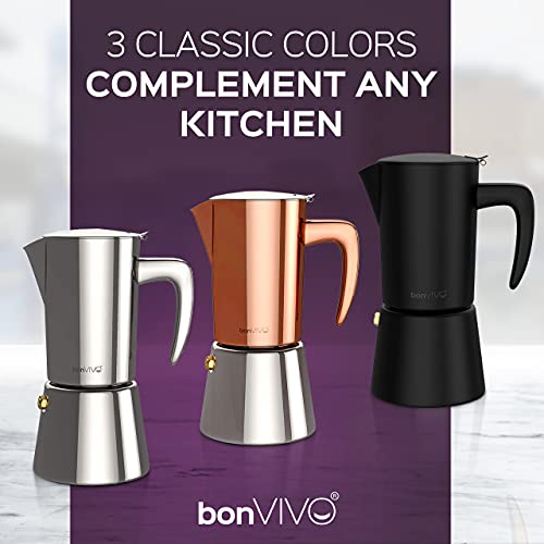 bonVIVO Moka Pot - Intenca, 300ml, Stainless Steel Espresso Maker w/Silver Chrome Finish - Stove Top Italian Coffee Maker - 6 Cup Coffee Pot - Gifts for Men and Women