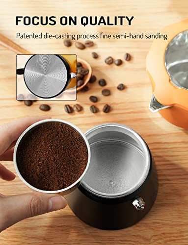 TWOMEOW Stovetop Coffee Maker Espresso Italian Moka Pot with Transparent Top Lid, 150ml-3 Espresso Cups, Classic Aluminium Coffee Percolator, Orange/Black