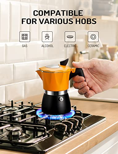 TWOMEOW Stovetop Coffee Maker Espresso Italian Moka Pot with Transparent Top Lid, 150ml-3 Espresso Cups, Classic Aluminium Coffee Percolator, Orange/Black