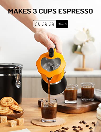 TWOMEOW Stovetop Coffee Maker Espresso Italian Moka Pot with Transparent Top Lid, 150ml-3 Espresso Cups, Classic Aluminium Coffee Percolator, Orange/Black