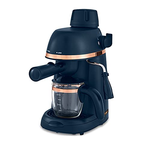 Tower T13014MNB Cavaletto Espresso Maker with Frothing Function, Glass Carafe, Steel Filter, 800 W, 4-Shot, Midnight Blue and Rose Gold