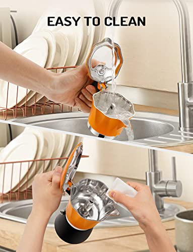 TWOMEOW Stovetop Coffee Maker Espresso Italian Moka Pot with Transparent Top Lid, 150ml-3 Espresso Cups, Classic Aluminium Coffee Percolator, Orange/Black