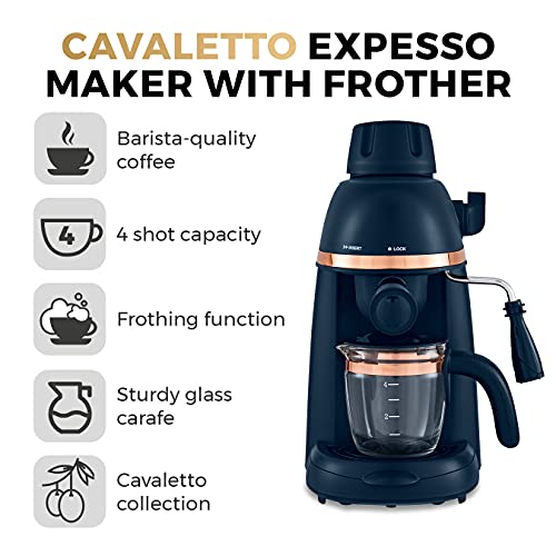 Tower T13014MNB Cavaletto Espresso Maker with Frothing Function, Glass Carafe, Steel Filter, 800 W, 4-Shot, Midnight Blue and Rose Gold