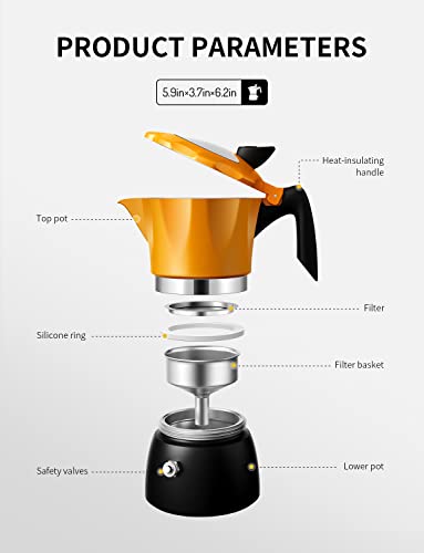 TWOMEOW Stovetop Coffee Maker Espresso Italian Moka Pot with Transparent Top Lid, 150ml-3 Espresso Cups, Classic Aluminium Coffee Percolator, Orange/Black