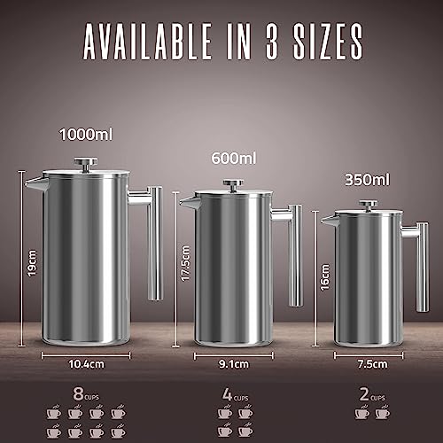 KICHLY Cafetiere 8 Cup Stainless Steel French Press Coffee Maker, Coffee Press with 3 Level Filtration System - Double Walled Insulated Caffettiere with 1 Extra Filter - 1000ml / 34Oz - Silver