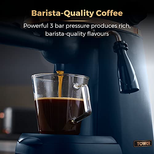 Tower T13014MNB Cavaletto Espresso Maker with Frothing Function, Glass Carafe, Steel Filter, 800 W, 4-Shot, Midnight Blue and Rose Gold