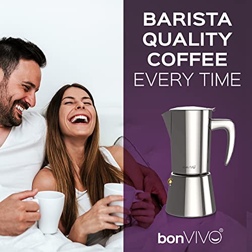 bonVIVO Moka Pot - Intenca, 300ml, Stainless Steel Espresso Maker w/Silver Chrome Finish - Stove Top Italian Coffee Maker - 6 Cup Coffee Pot - Gifts for Men and Women