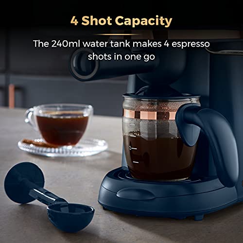 Tower T13014MNB Cavaletto Espresso Maker with Frothing Function, Glass Carafe, Steel Filter, 800 W, 4-Shot, Midnight Blue and Rose Gold