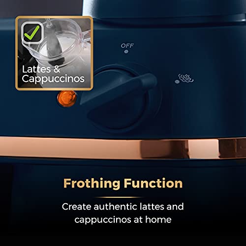 Tower T13014MNB Cavaletto Espresso Maker with Frothing Function, Glass Carafe, Steel Filter, 800 W, 4-Shot, Midnight Blue and Rose Gold