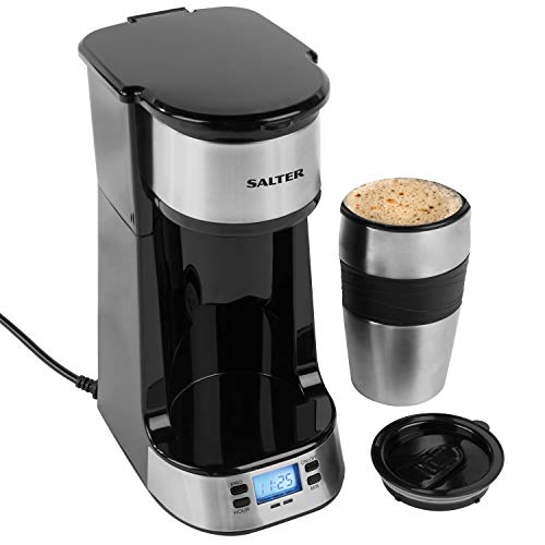 Salter EK2732 Digital Coffee Maker to Go With 420 ml Stainless Steel Travel Mug, 24 Hour Programmable Timer,LCD Display, 750 W, Plastic,Black,18.3 L x 13.5 W x 28.8 H cm