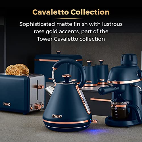 Tower T13014MNB Cavaletto Espresso Maker with Frothing Function, Glass Carafe, Steel Filter, 800 W, 4-Shot, Midnight Blue and Rose Gold