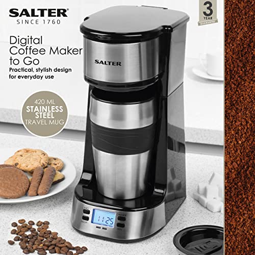 Salter EK2732 Digital Coffee Maker to Go With 420 ml Stainless Steel Travel Mug, 24 Hour Programmable Timer,LCD Display, 750 W, Plastic,Black,18.3 L x 13.5 W x 28.8 H cm