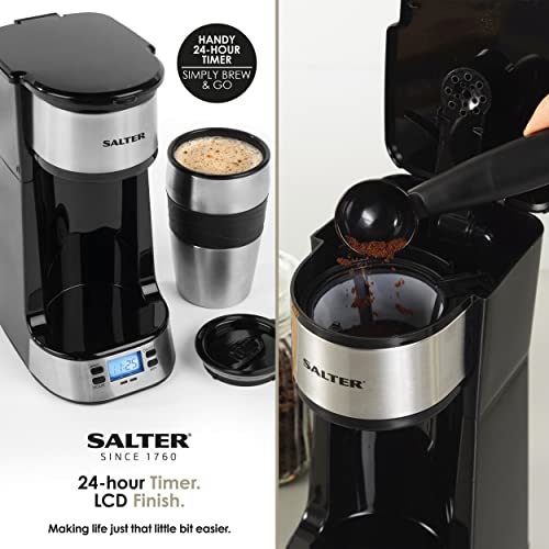 Salter EK2732 Digital Coffee Maker to Go With 420 ml Stainless Steel Travel Mug, 24 Hour Programmable Timer,LCD Display, 750 W, Plastic,Black,18.3 L x 13.5 W x 28.8 H cm