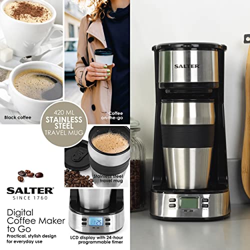 Salter EK2732 Digital Coffee Maker to Go With 420 ml Stainless Steel Travel Mug, 24 Hour Programmable Timer,LCD Display, 750 W, Plastic,Black,18.3 L x 13.5 W x 28.8 H cm