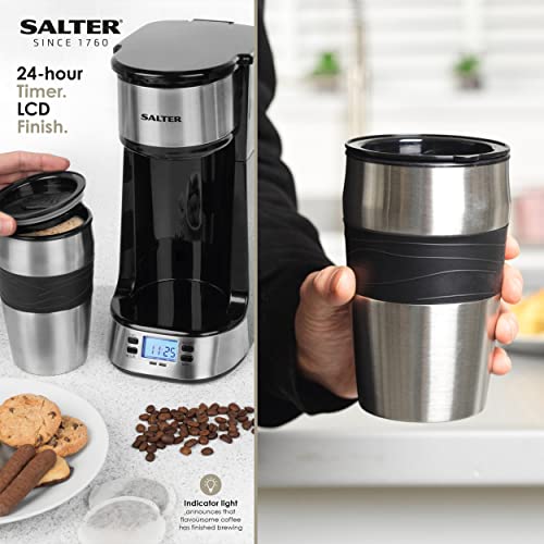Salter EK2732 Digital Coffee Maker to Go With 420 ml Stainless Steel Travel Mug, 24 Hour Programmable Timer,LCD Display, 750 W, Plastic,Black,18.3 L x 13.5 W x 28.8 H cm