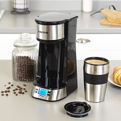 Salter EK2732 Digital Coffee Maker to Go With 420 ml Stainless Steel Travel Mug, 24 Hour Programmable Timer,LCD Display, 750 W, Plastic,Black,18.3 L x 13.5 W x 28.8 H cm