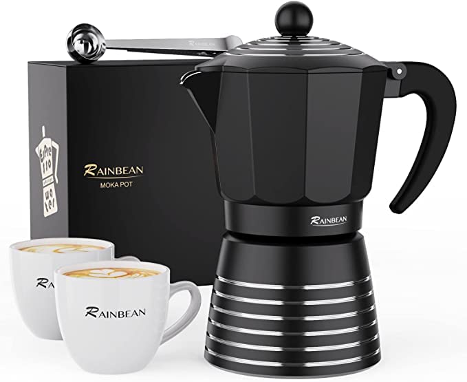 RAINBEAN Moka Pot 6 Cup Set Espresso Maker, Steam Italian Stovetop Coffee Makers Percolator, Aluminum Ripple Ring Design, Easy To Use & Clean, 2 Ceramic Cups | Stainless Spoon | Black