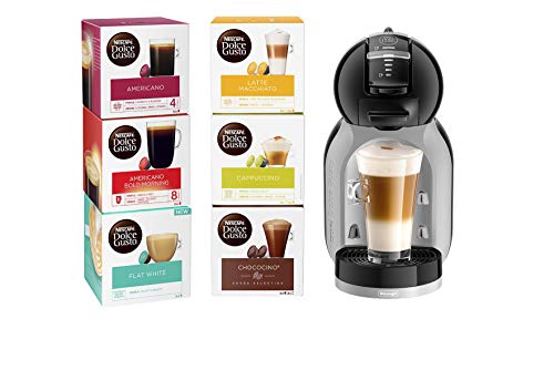 De'Longhi Nescafé Dolce Gusto Mini Me, Single Serve Capsule Coffee Machine Starter Kit, Including 6 boxes of Coffee Pods, EDG155.BG, 230 Milliliters, Black & Grey