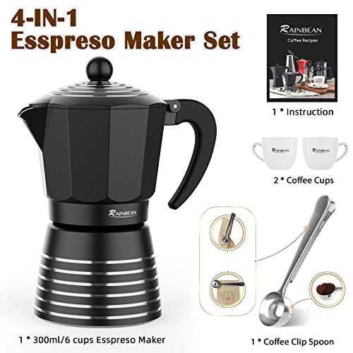 RAINBEAN Moka Pot 6 Cup Set Espresso Maker, Steam Italian Stovetop Coffee Makers Percolator, Aluminum Ripple Ring Design, Easy To Use & Clean, 2 Ceramic Cups | Stainless Spoon | Black