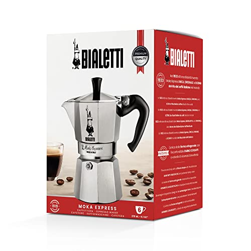Bialetti Moka Express Caffettiera in Alluminio, 6 Cups, Acciaio Inossidabile, Argento,270 milliliters, Silver