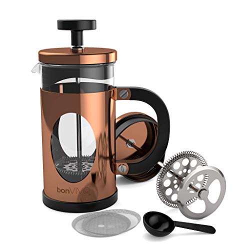 bonVIVO Cafetiere - GAZETARO I 350ml, 3 Cup, Stainless Steel French Press Coffee Maker w/ Bonus Scoop and Replacement Filter Mesh - Heat-Resistant Coffee Press - Gifts for Women and Men Copper
