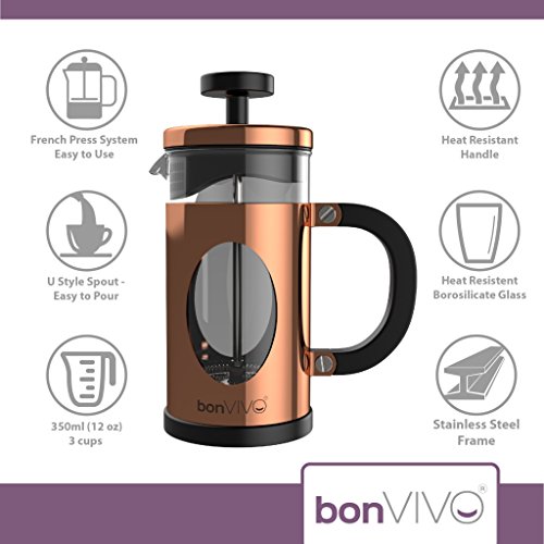 bonVIVO Cafetiere - GAZETARO I 350ml, 3 Cup, Stainless Steel French Press Coffee Maker w/ Bonus Scoop and Replacement Filter Mesh - Heat-Resistant Coffee Press - Gifts for Women and Men Copper