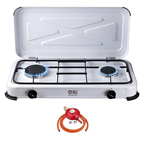 NJ-02 Camping Gas Stove - Portable 2 Burner Gas Hob LPG Cooker with Lid for Outdoor 3.4 kW (Propane 37mbar Screw-on)
