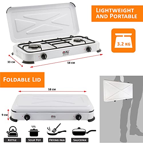 NJ-02 Camping Gas Stove - Portable 2 Burner Gas Hob LPG Cooker with Lid for Outdoor 3.4 kW (Propane 37mbar Screw-on)