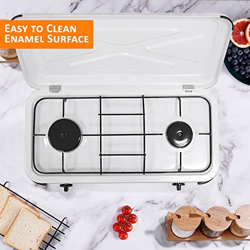 NJ-02 Camping Gas Stove - Portable 2 Burner Gas Hob LPG Cooker with Lid for Outdoor 3.4 kW (Propane 37mbar Screw-on)