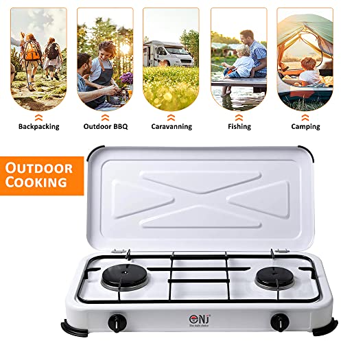NJ-02 Camping Gas Stove - Portable 2 Burner Gas Hob LPG Cooker with Lid for Outdoor 3.4 kW (Propane 37mbar Screw-on)