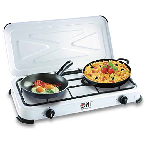 NJ-02 Camping Gas Stove - Portable 2 Burner Gas Hob LPG Cooker with Lid for Outdoor 3.4 kW (Propane 37mbar Screw-on)